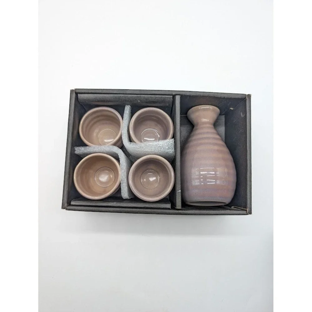 Vintage‎ Handmade Japanese Ceramic Sake Tokkuri Carafe Ochoko Cups Glazed Purple